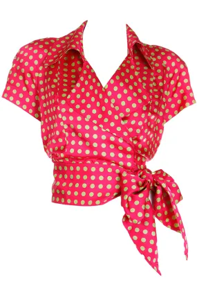 1980s Franco Moschino Red & Lime Green Polka Dot Tie Blouse