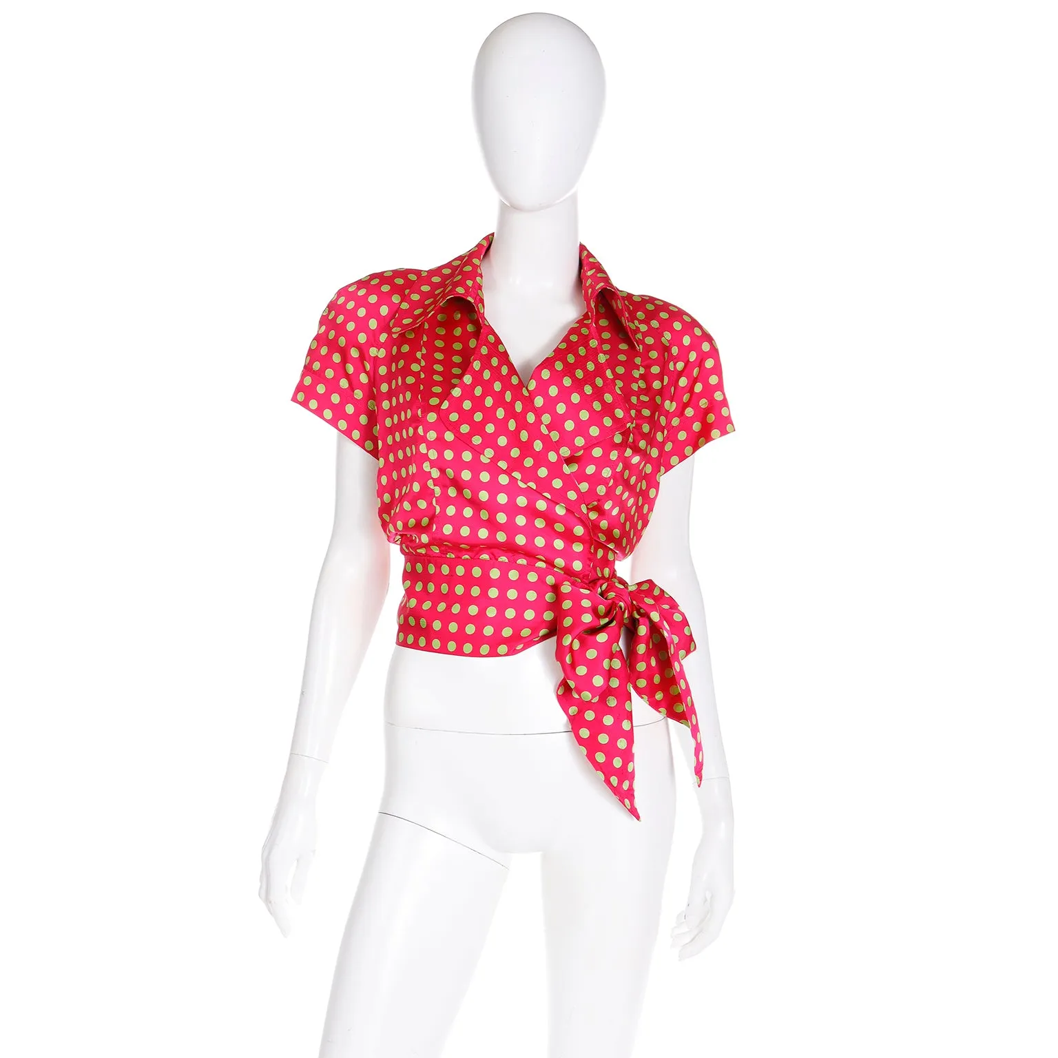 1980s Franco Moschino Red & Lime Green Polka Dot Tie Blouse