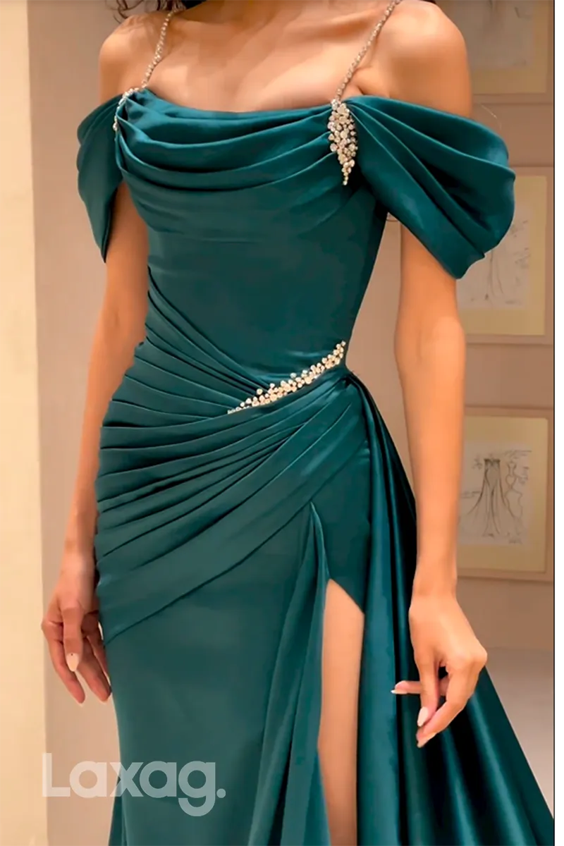 22146 - Off-Shoulder Beaded Draped Sleek Satin High Slit Prom Dress with Train