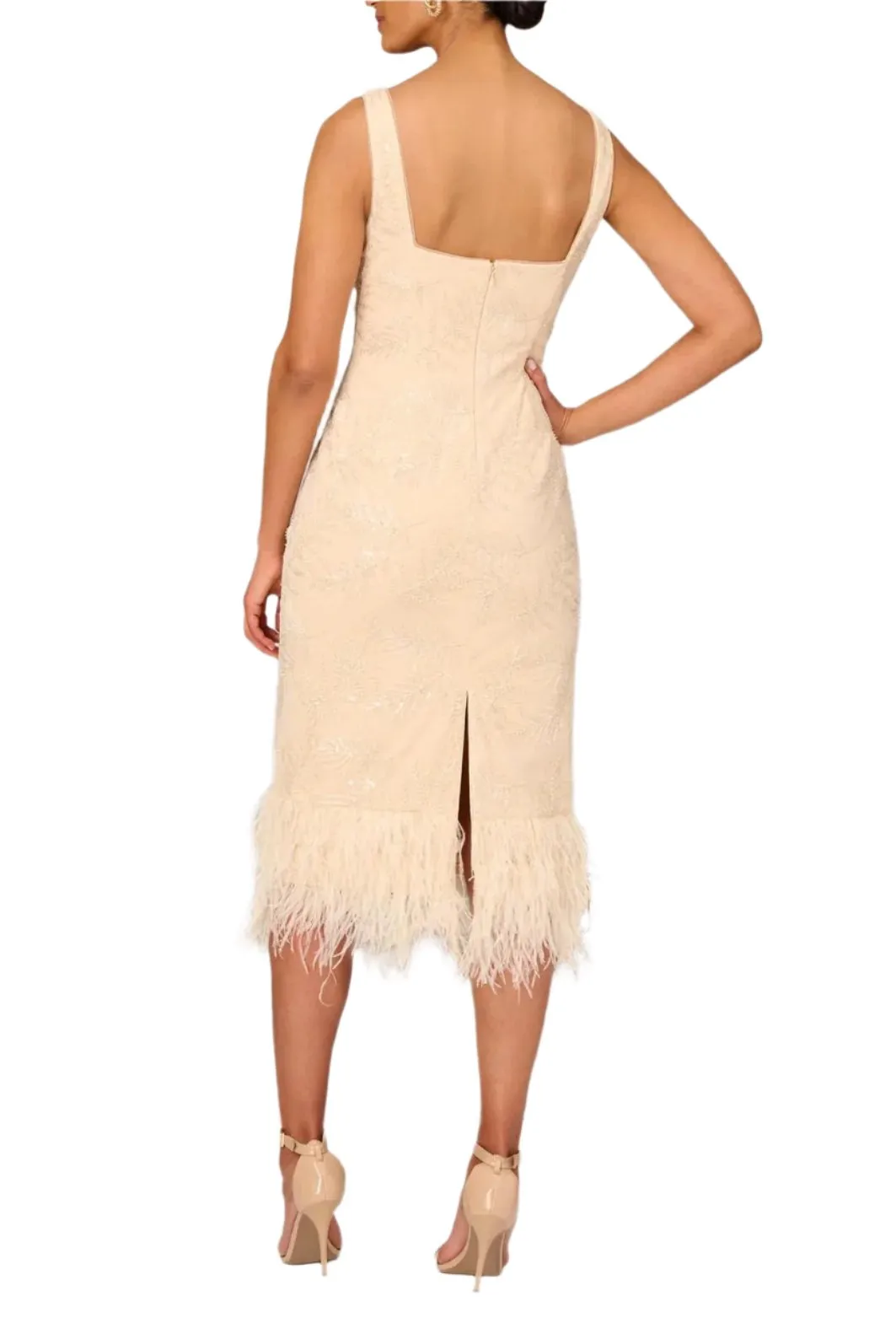 Aidan Mattox Square Neck Feather Hem Mesh Dress