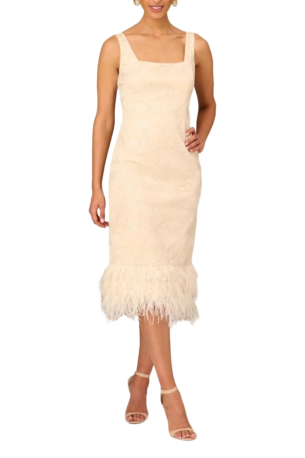 Aidan Mattox Square Neck Feather Hem Mesh Dress