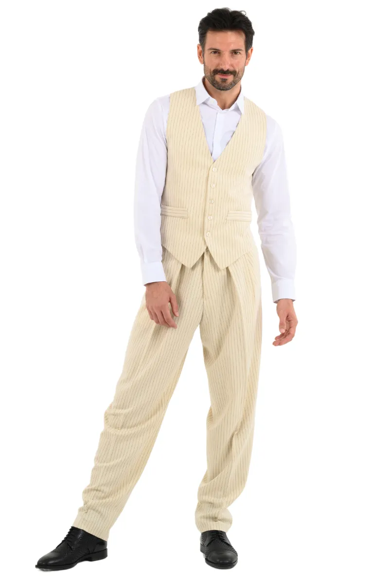 Beige Pinstriped Tango Pants With Two Inverted Pleats