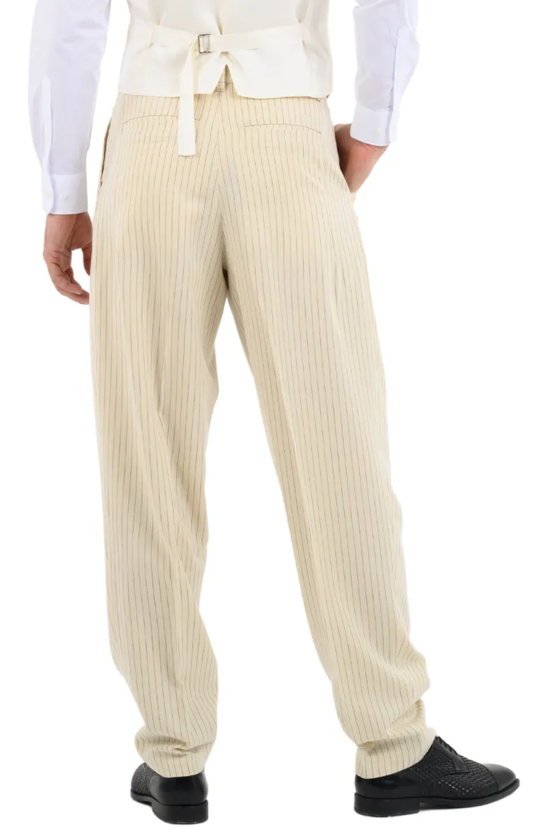 Beige Pinstriped Tango Pants With Two Inverted Pleats