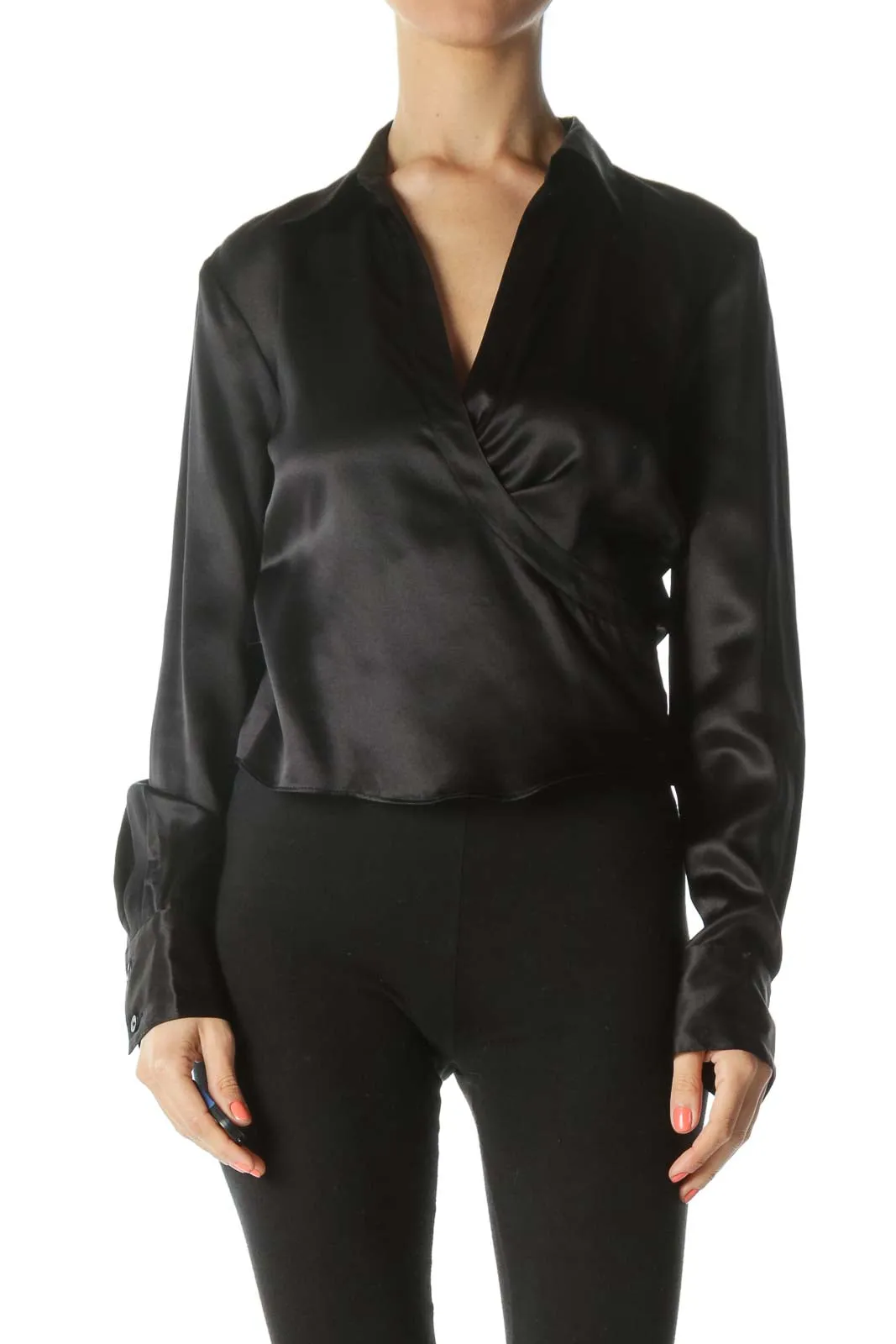 Black 100% Silk Wrap Shiny Long-Sleeve Top