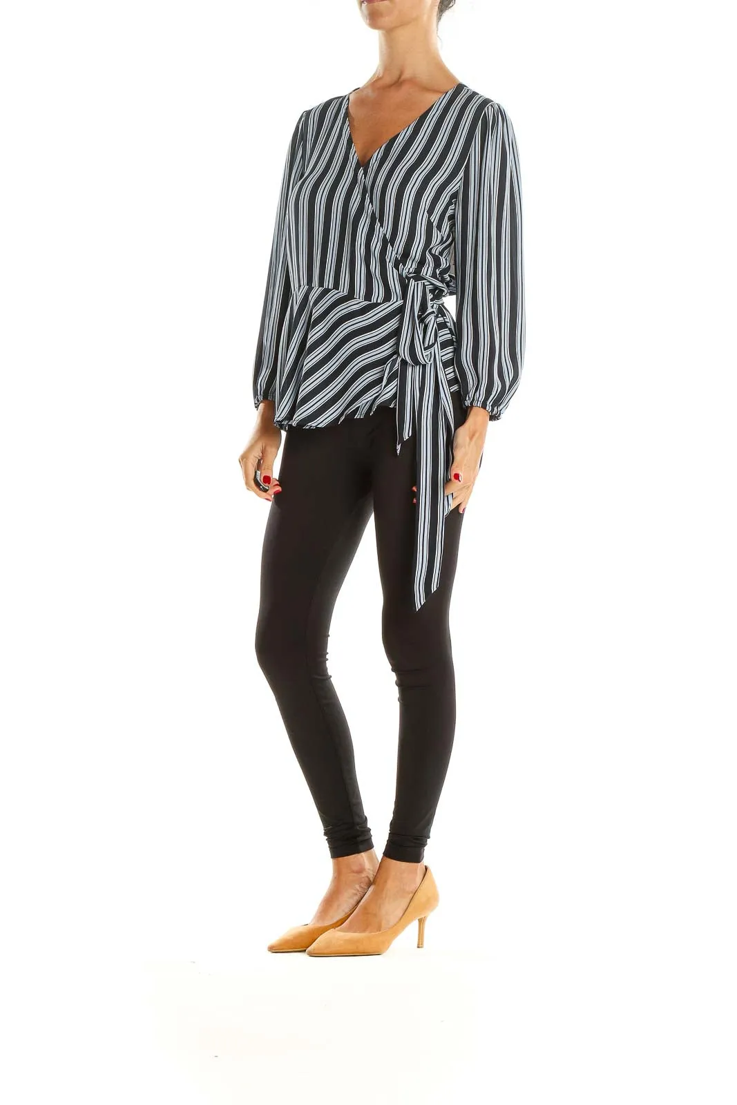 Black Blue Striped Brunch Wrap Top