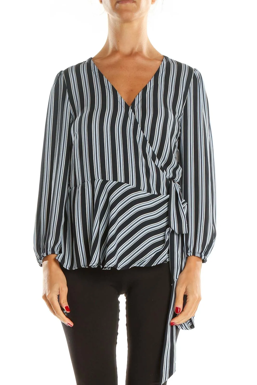 Black Blue Striped Brunch Wrap Top