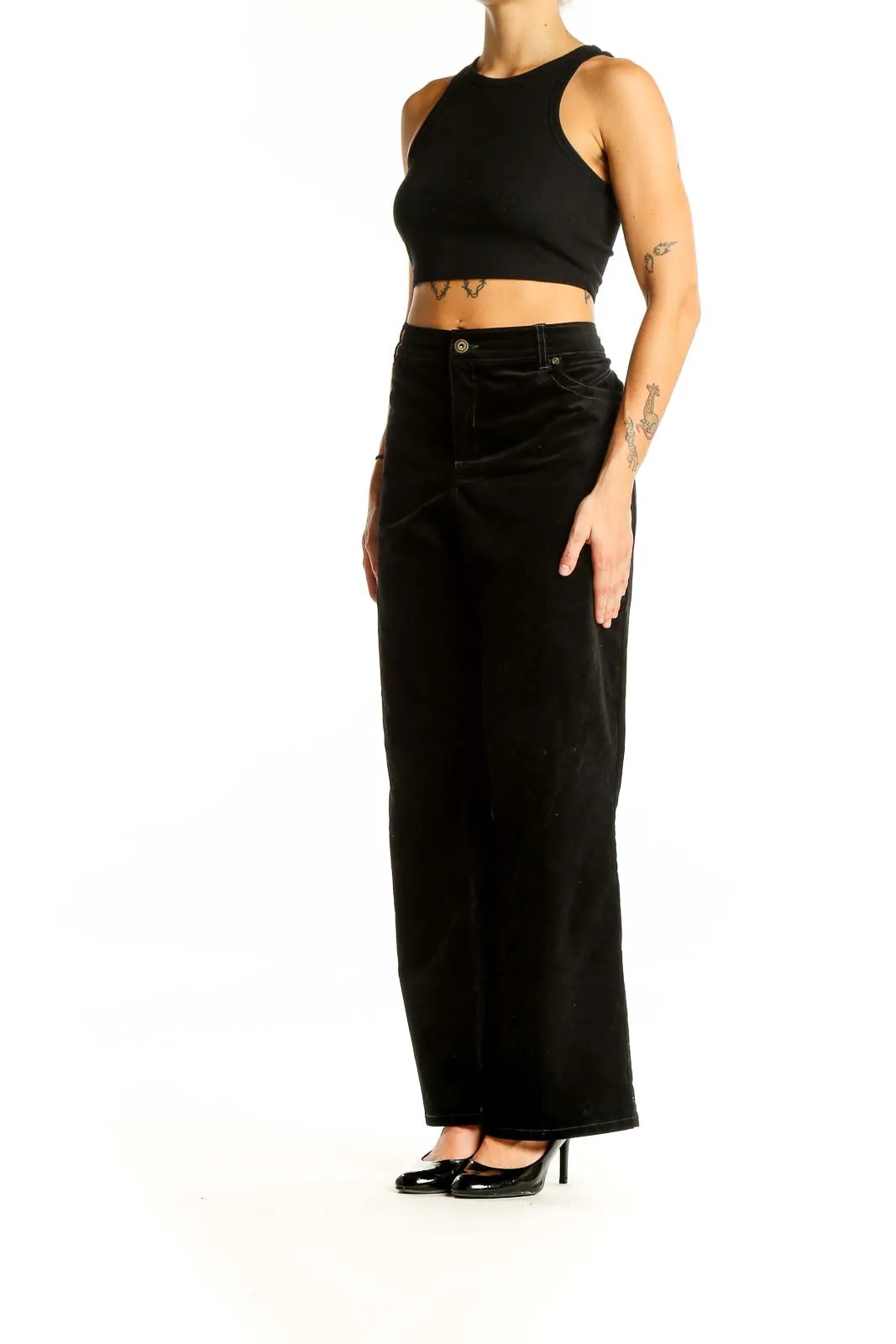 Black Cotton-Blend Wide-Leg Pants