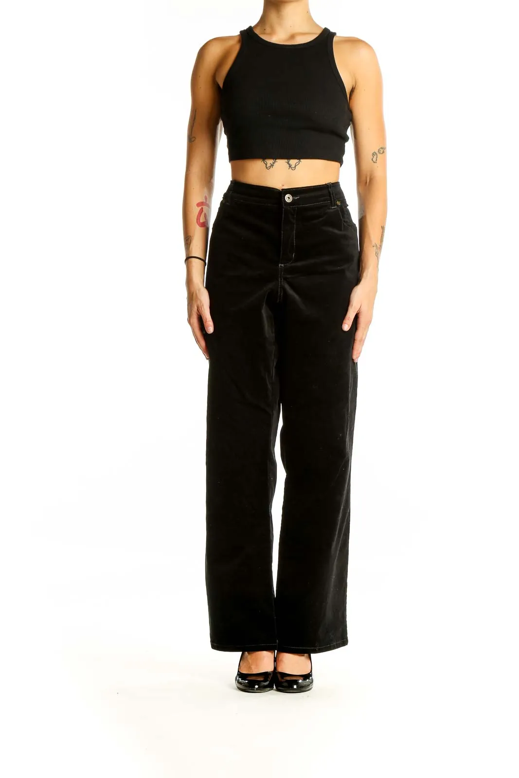 Black Cotton-Blend Wide-Leg Pants