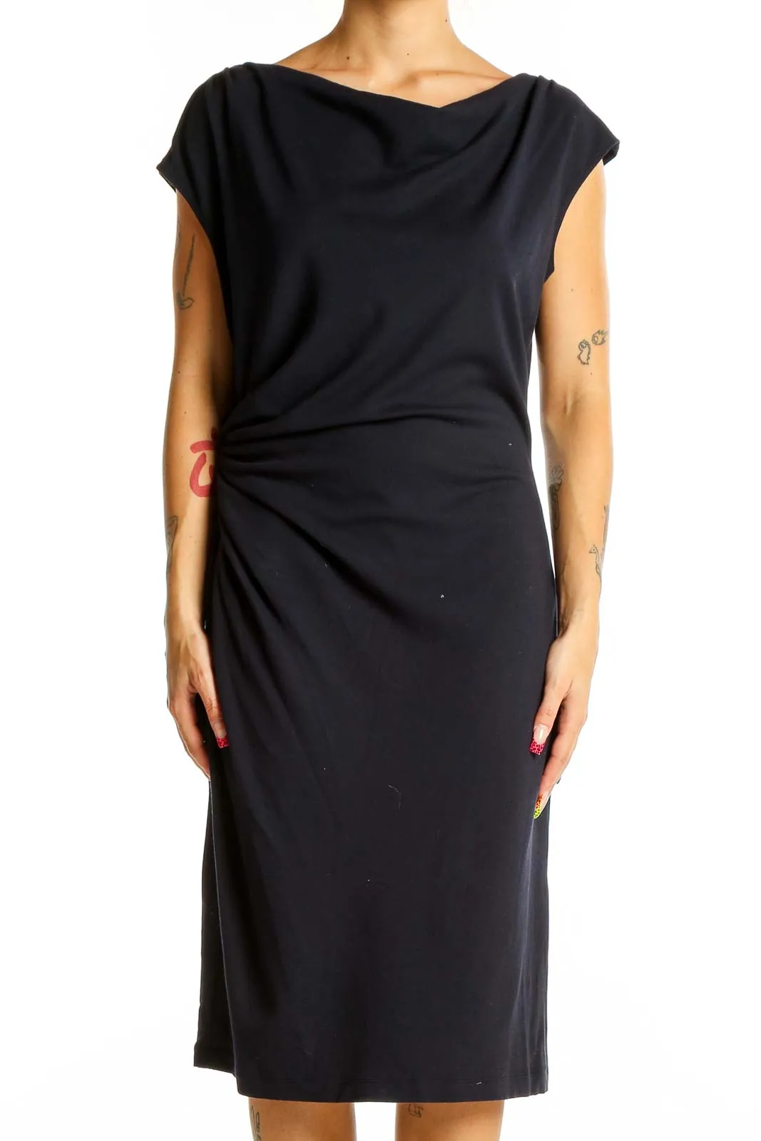 Black Elegant Draped Midi Dress