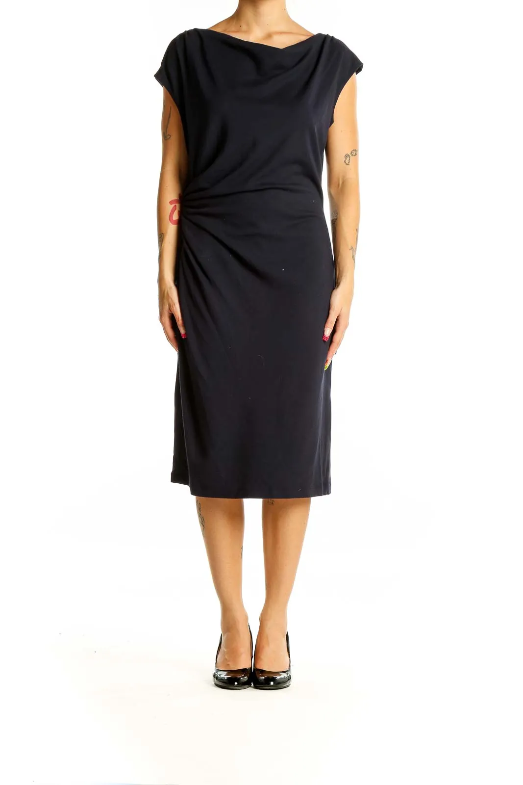 Black Elegant Draped Midi Dress