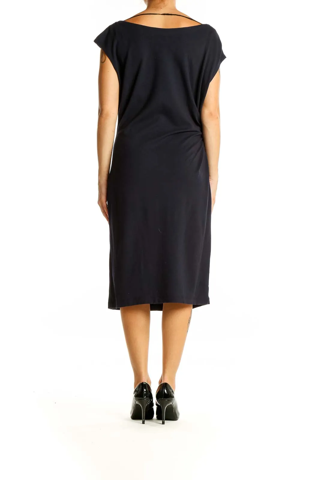 Black Elegant Draped Midi Dress