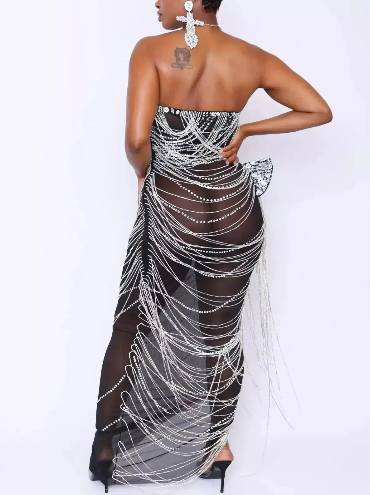 Black Mesh Sculptured Dress with Draped Crystals