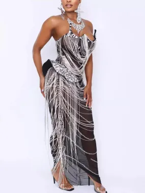 Black Mesh Sculptured Dress with Draped Crystals