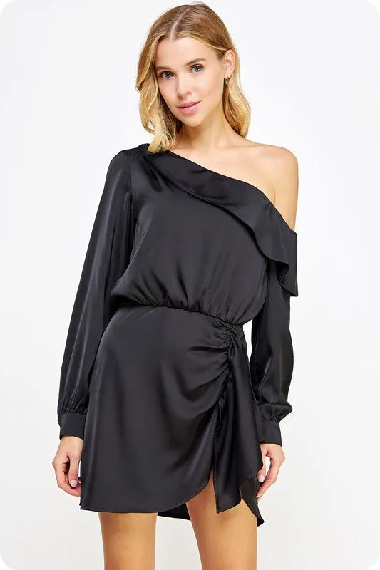 Black One Shoulder Draped Satin Mini Dress