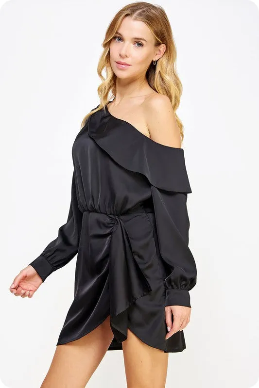 Black One Shoulder Draped Satin Mini Dress