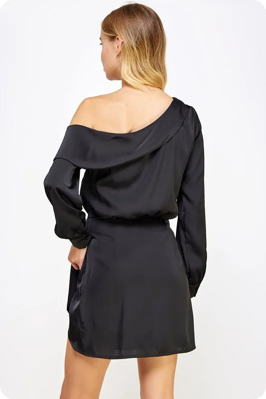 Black One Shoulder Draped Satin Mini Dress