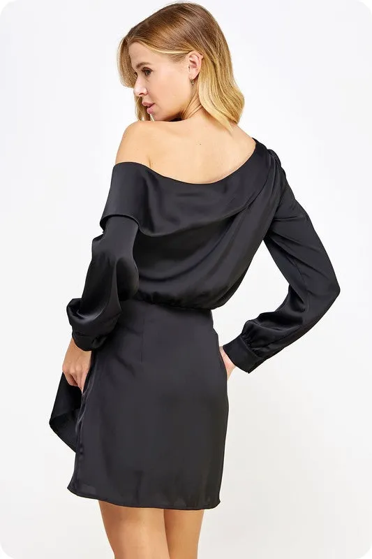 Black One Shoulder Draped Satin Mini Dress