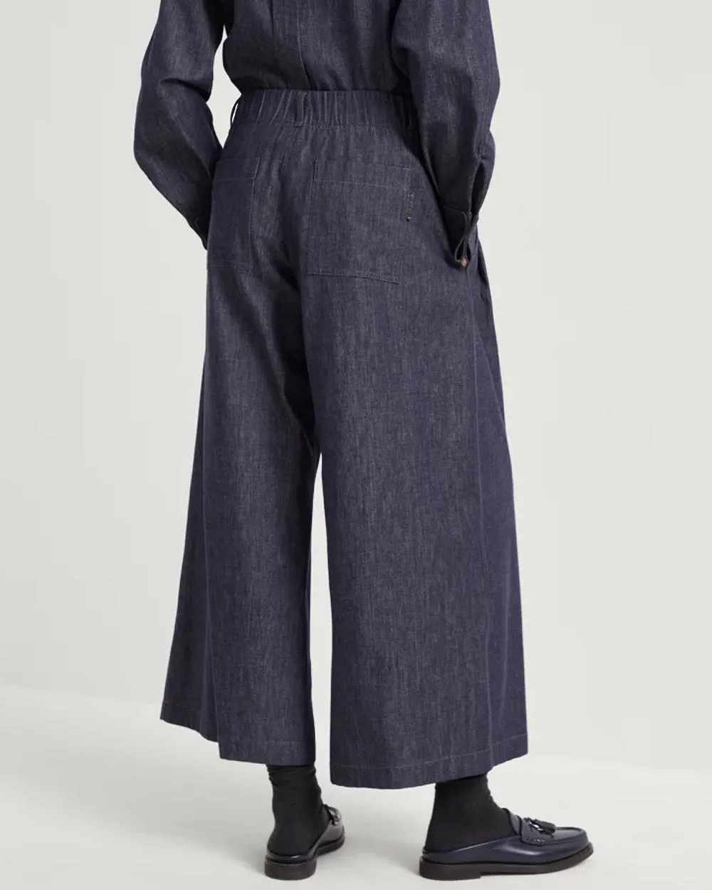 Blue Denim Elastic Waist Wide Leg Pant