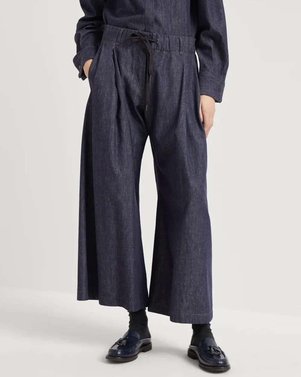 Blue Denim Elastic Waist Wide Leg Pant