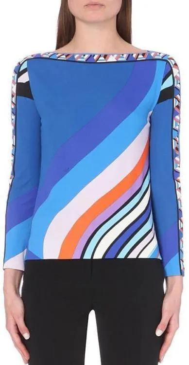 Boat-Neck Abstract Print Jersey Silk Top in Blue