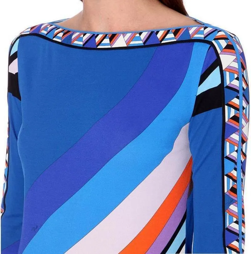 Boat-Neck Abstract Print Jersey Silk Top in Blue