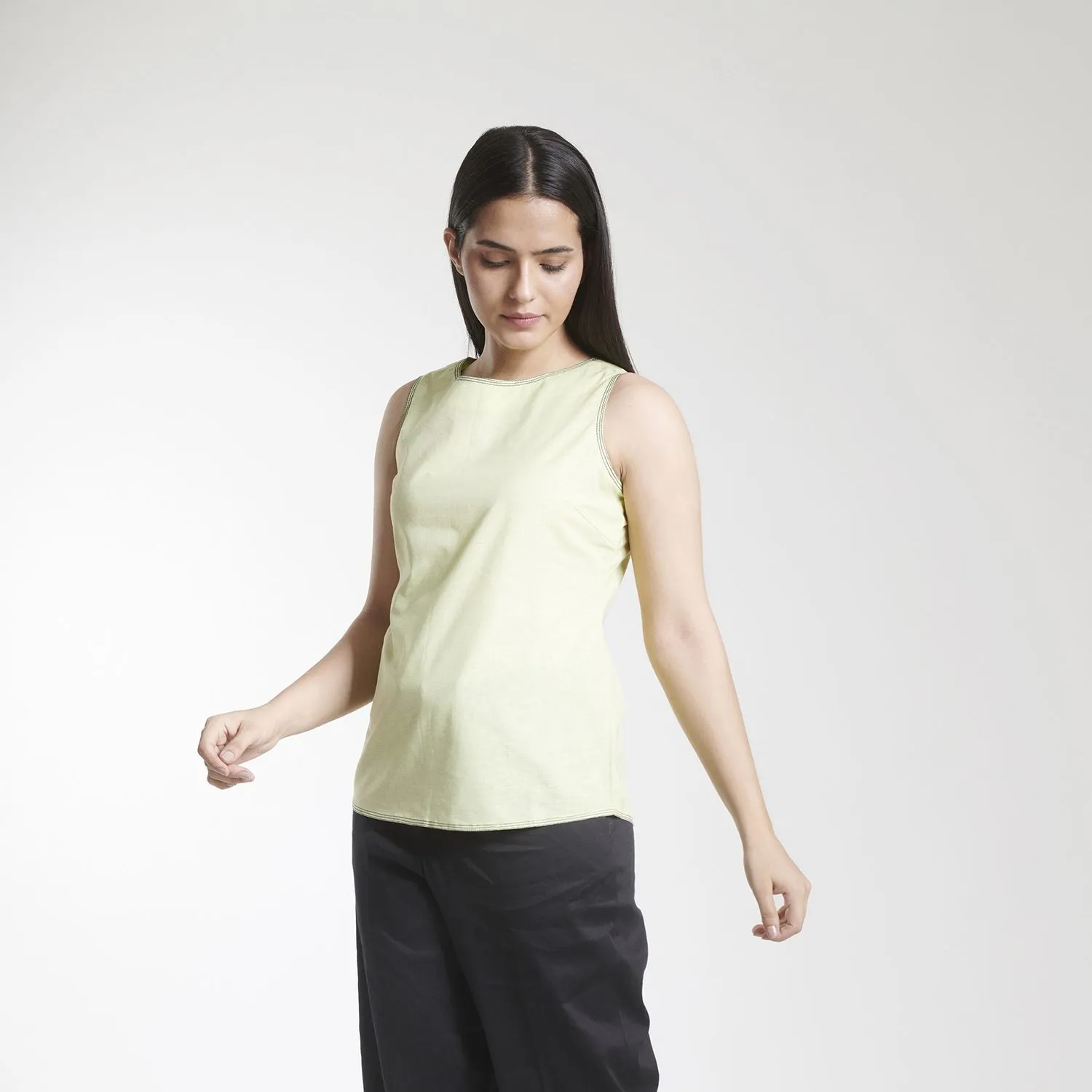 Boat Neck Cotton Linen Apple Green Top 