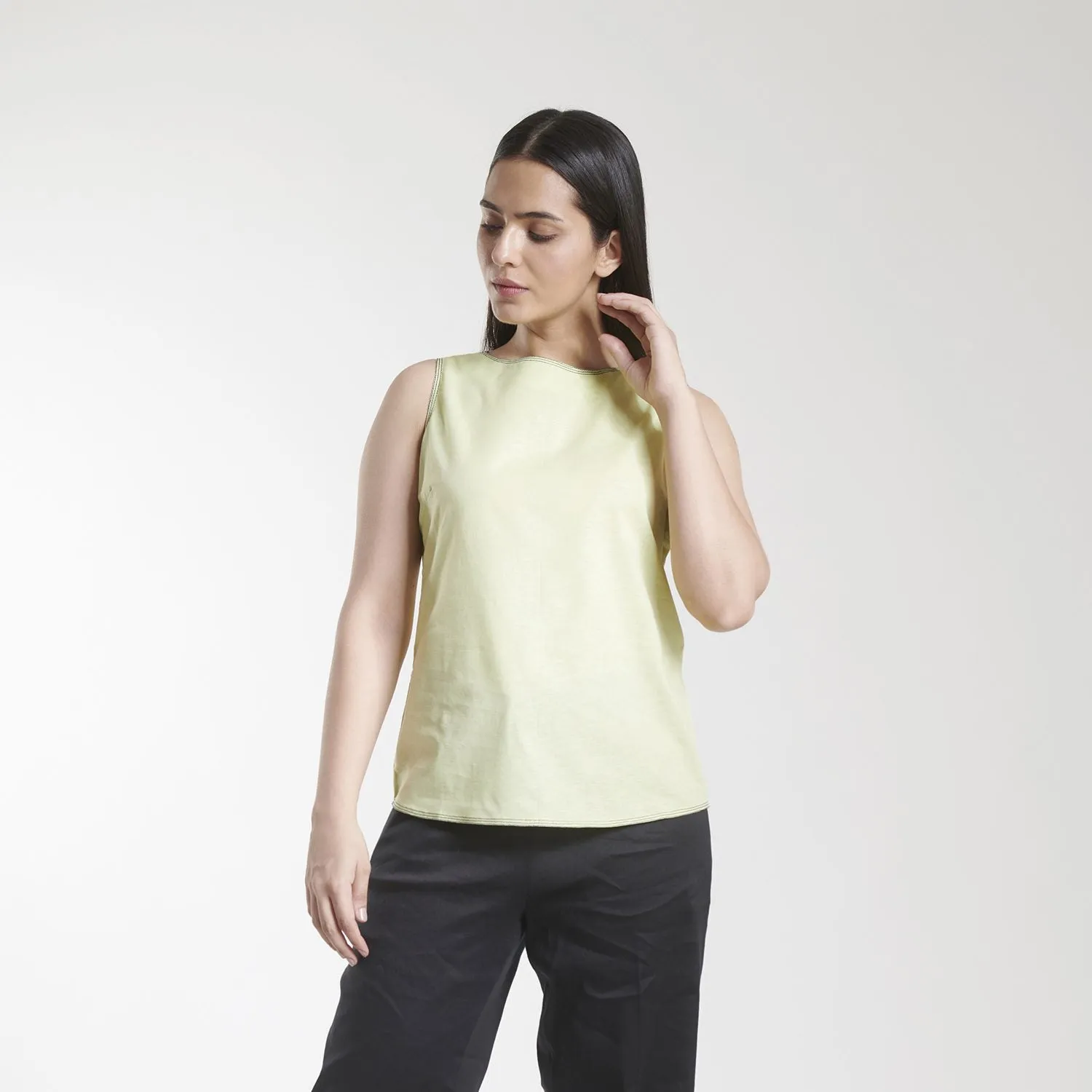 Boat Neck Cotton Linen Apple Green Top 