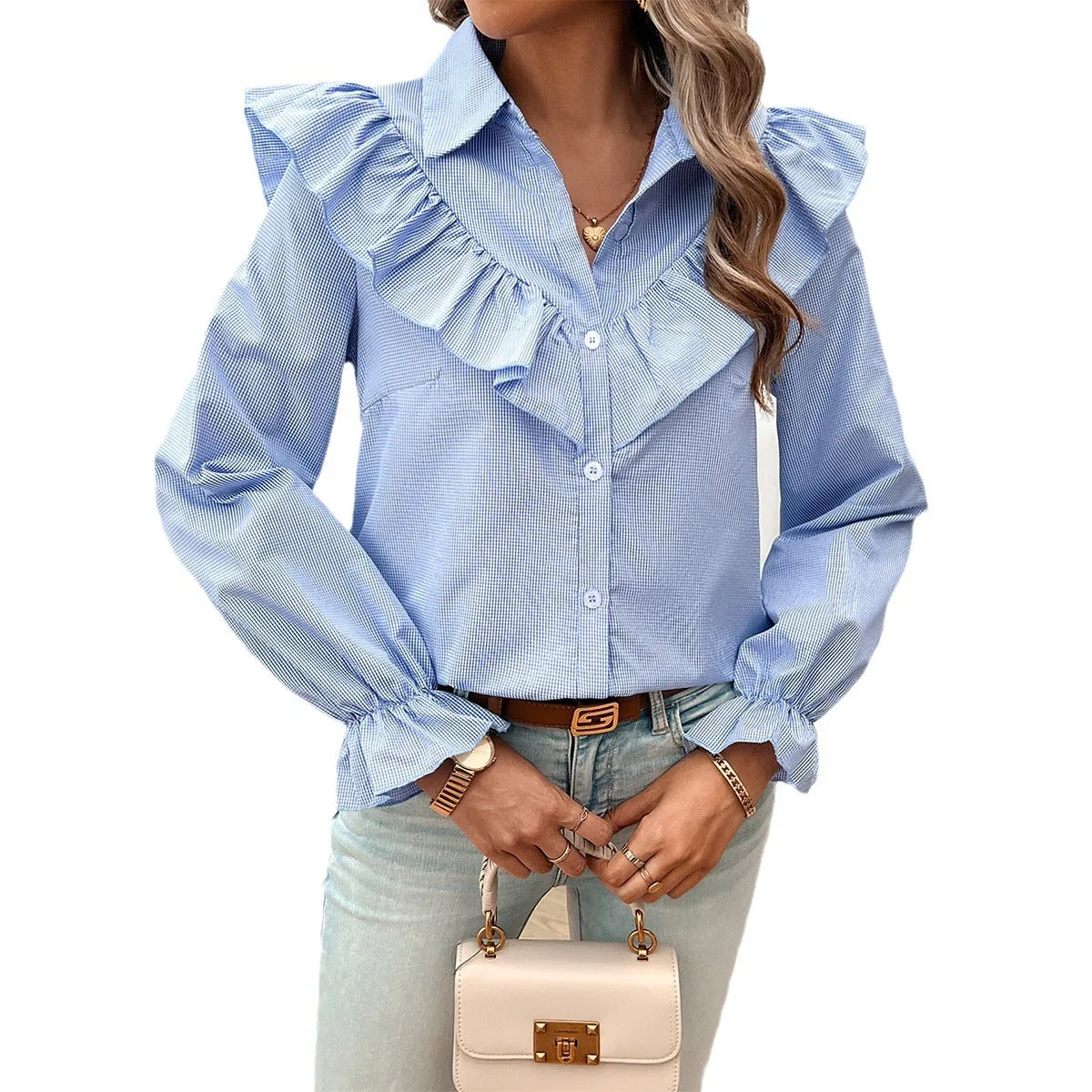 Bubble Sleeve Ruffled Lapel Long Sleeve Shirts Wholesale Womens Clothing N3824072300012