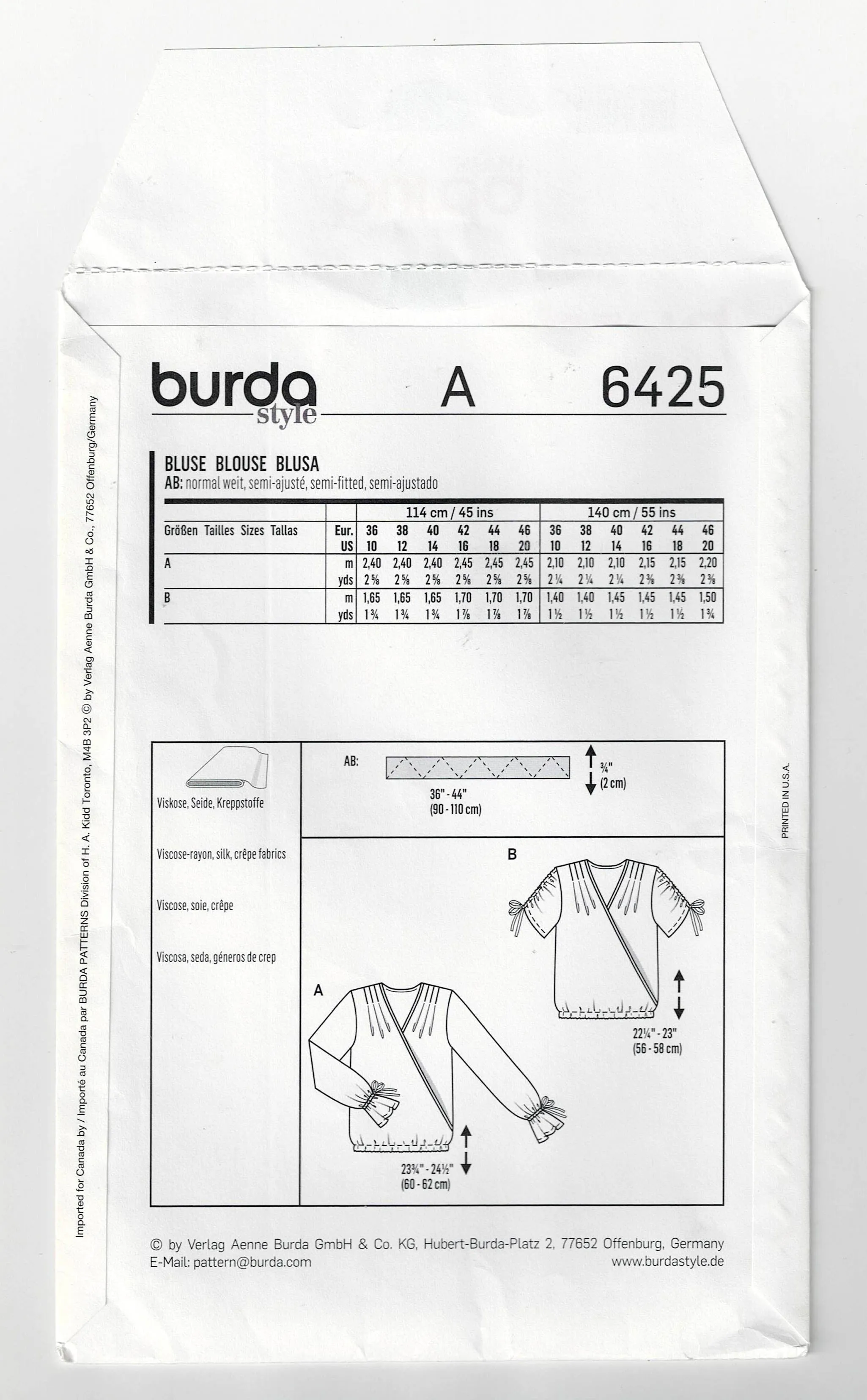 Burda Style 6425 Womens EASY Pullover Wrap Tops Out Of Print Sewing Pattern Sizes 10 - 20 UNCUT Factory Folded