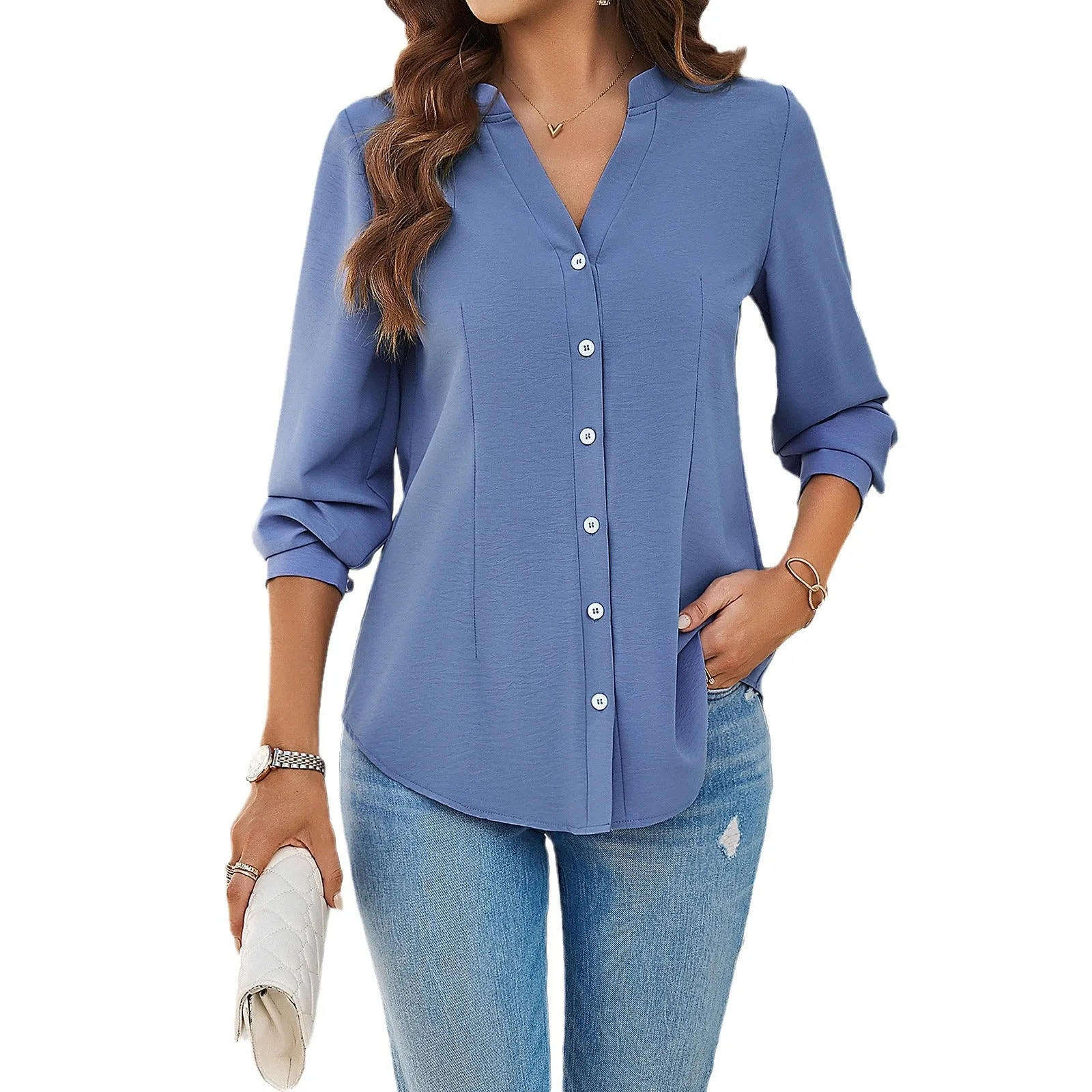 Button V-Neck Solid Color Long Sleeve Shirt Wholesale Womens Clothing N3824022600010