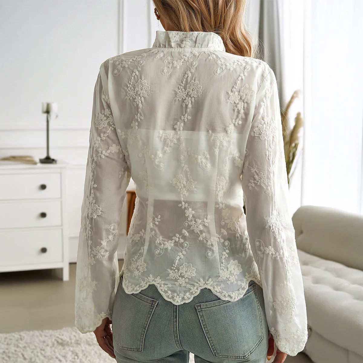 Cardigan Embroidered V-Neck Long Sleeve Lace Blouse Wholesale Womens Clothing N3824082000010