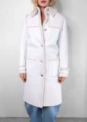 Chanel White Shearling And Patten Leather Single-Breasted Coat