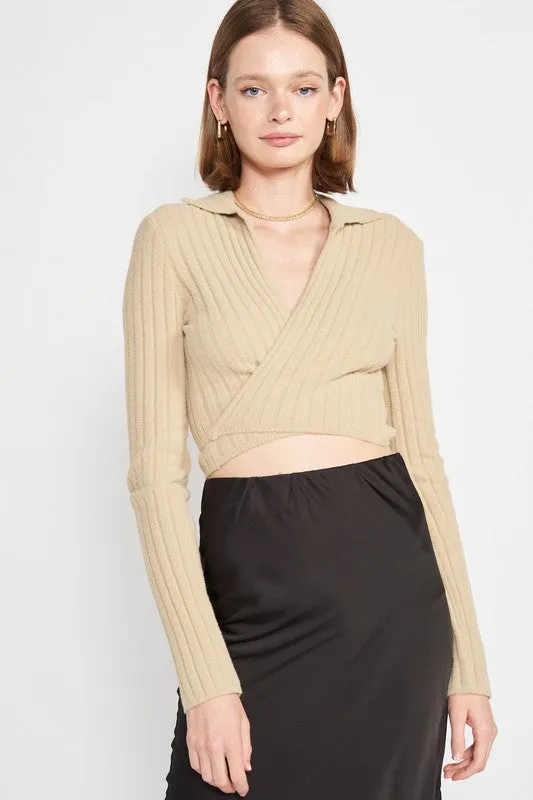 COLLARED LONG SLEEVE CROP TOP