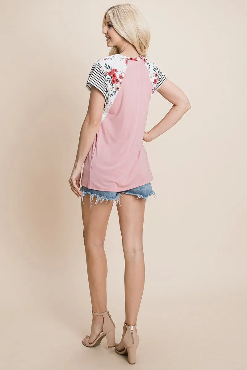 Color Block T Shirts Tops Casual Floral Striped Cap Sleeve