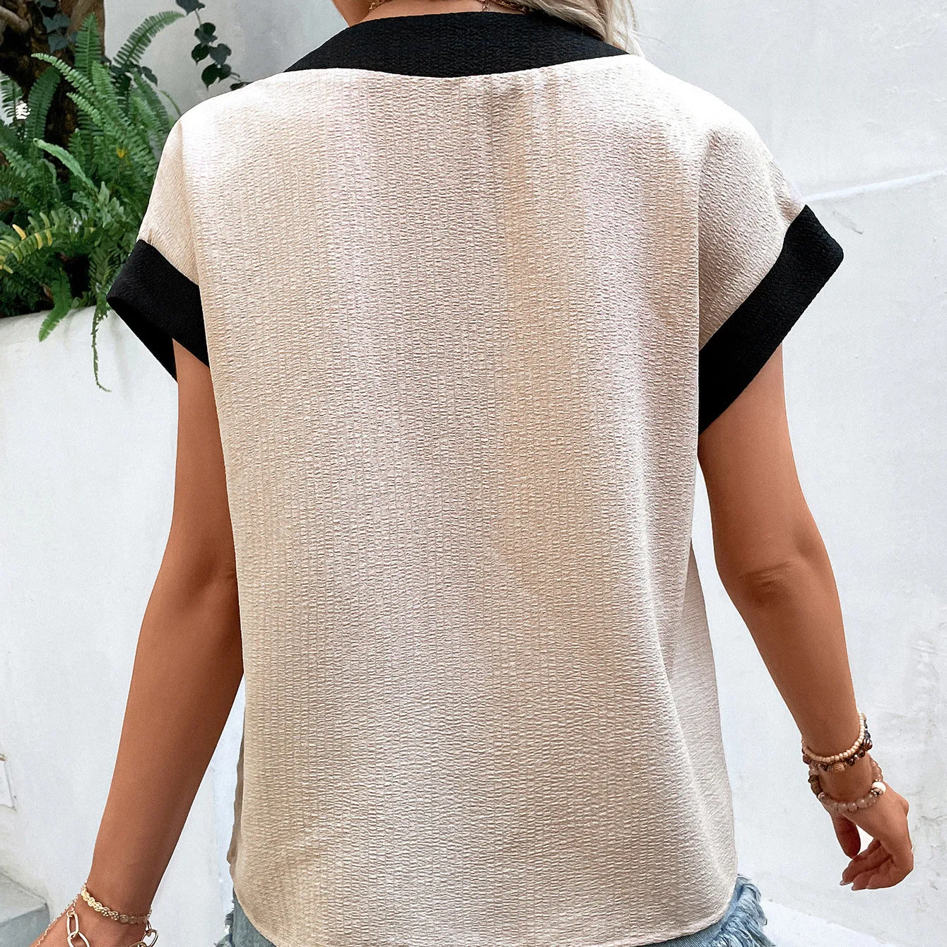 Contrast Color V-Neck Raglan Sleeve Loose Casual Top Wholesale Women'S Top