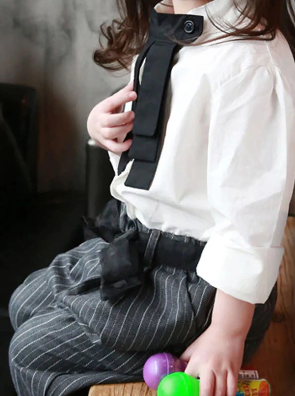 Dapper Doll Blouse, Necktie And Belted Pinstripe Trouser Set