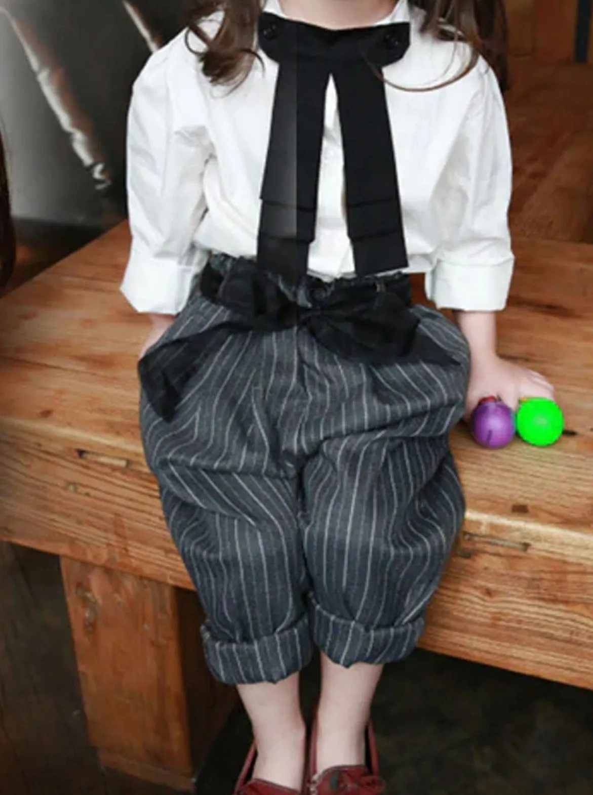 Dapper Doll Blouse, Necktie And Belted Pinstripe Trouser Set