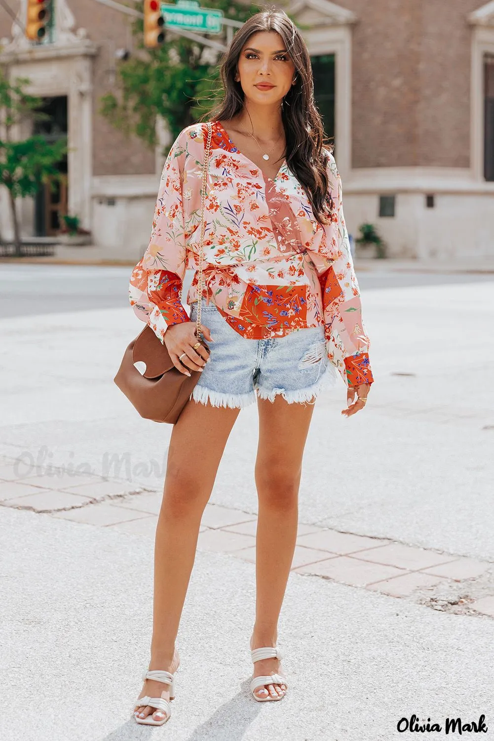 Deanwangkt - Multicolor Patchwork Floral Print V-Neck Wrap Blouse