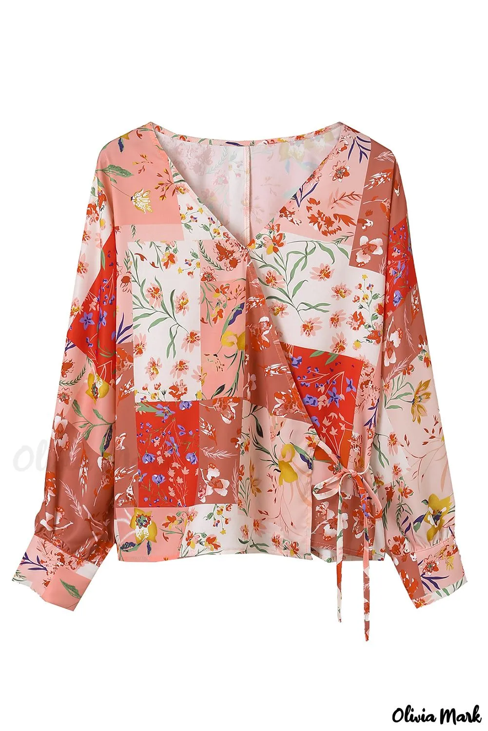 Deanwangkt - Multicolor Patchwork Floral Print V-Neck Wrap Blouse