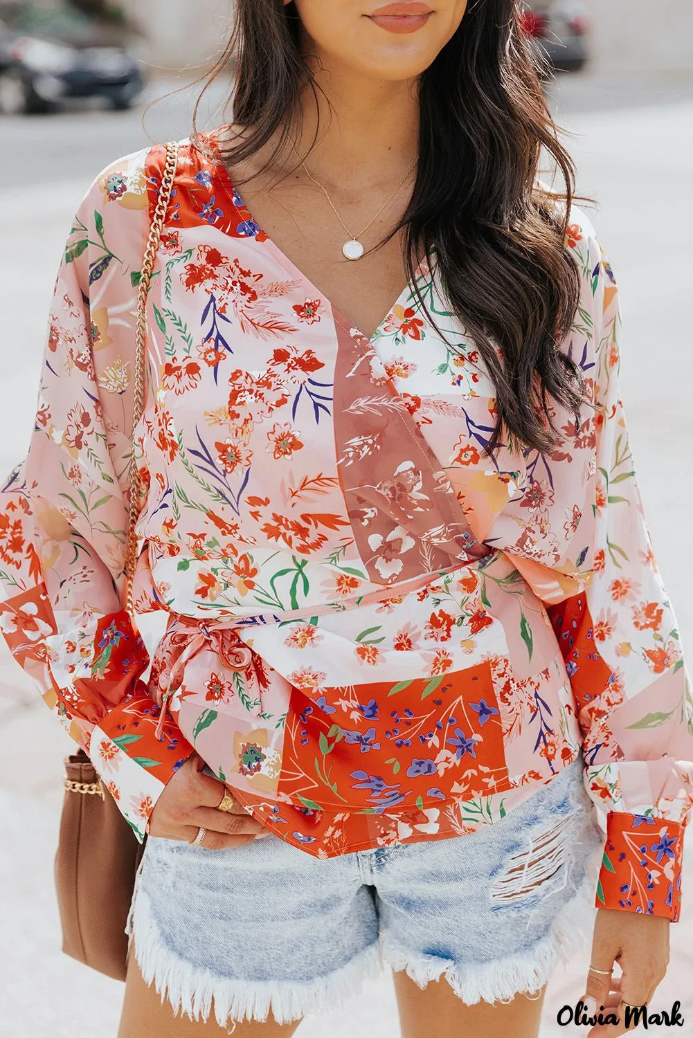 Deanwangkt - Multicolor Patchwork Floral Print V-Neck Wrap Blouse