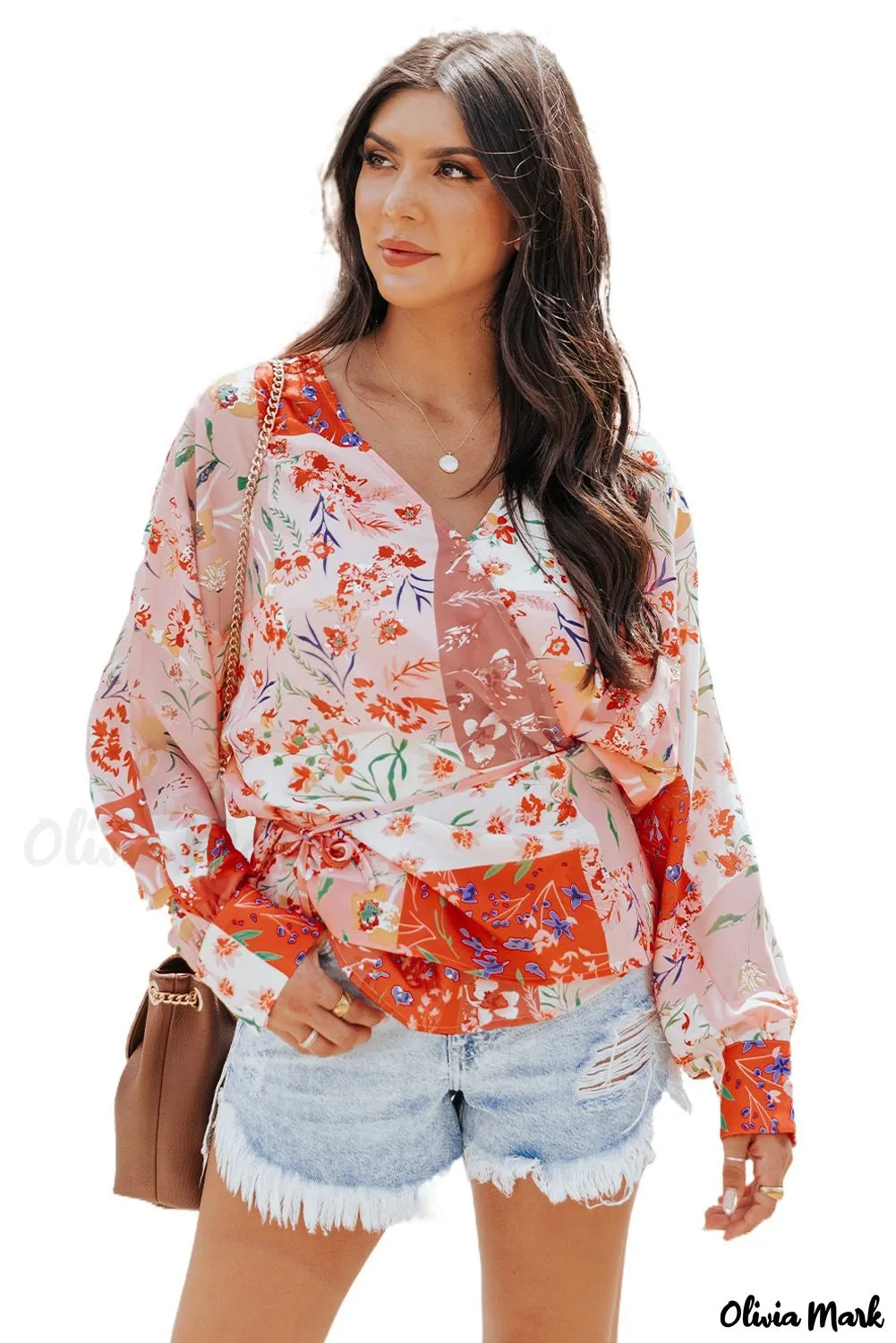 Deanwangkt - Multicolor Patchwork Floral Print V-Neck Wrap Blouse