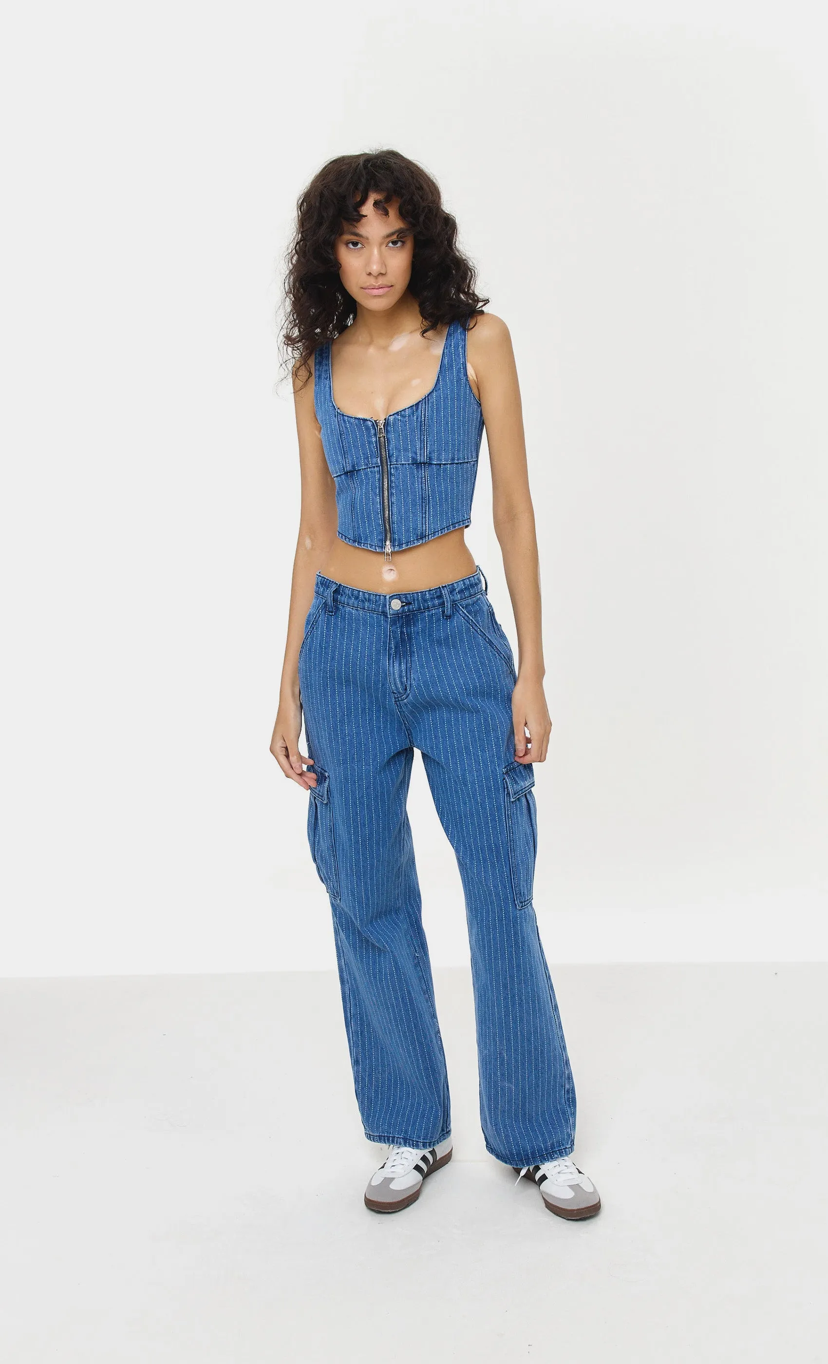 DENIM PINSTRIPE UTILITY JEANS