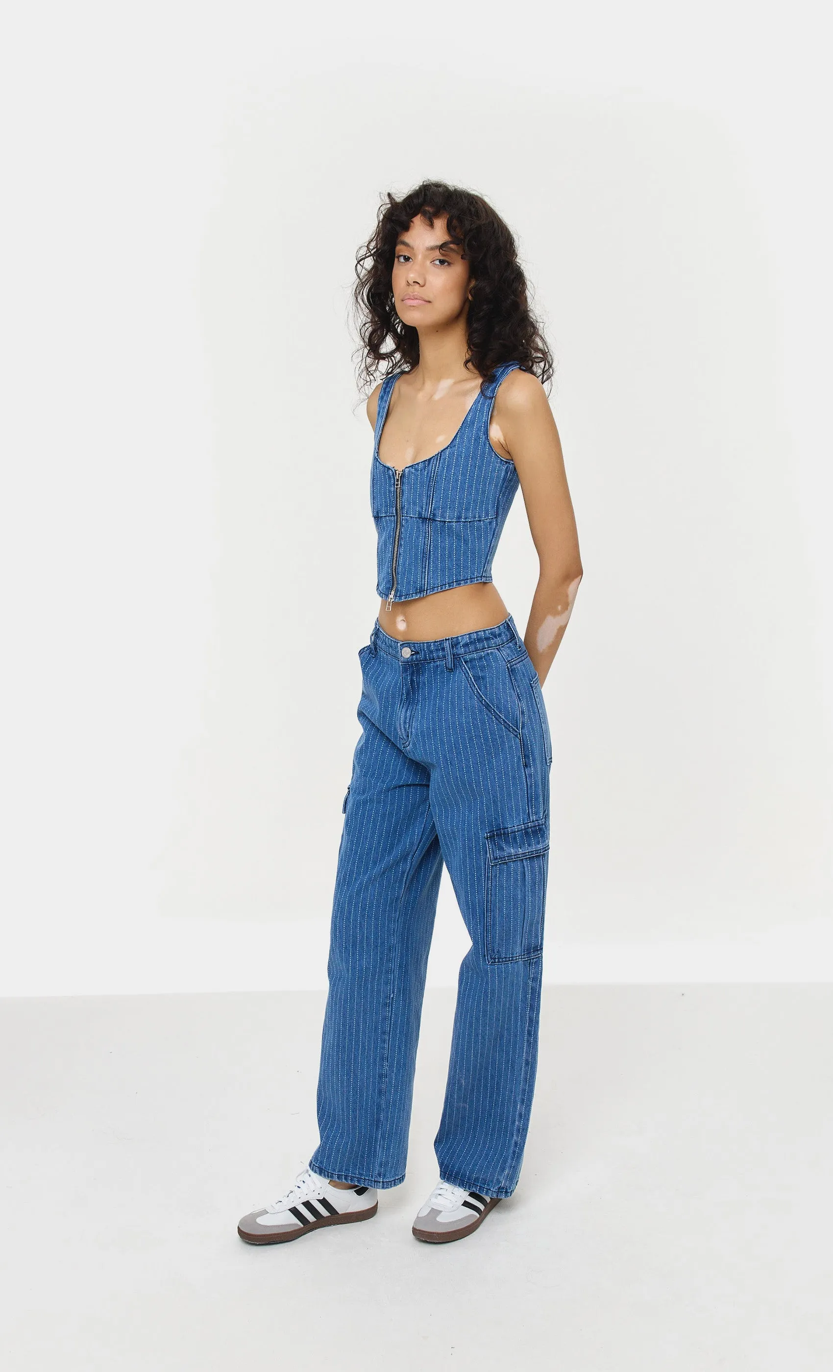 DENIM PINSTRIPE UTILITY JEANS