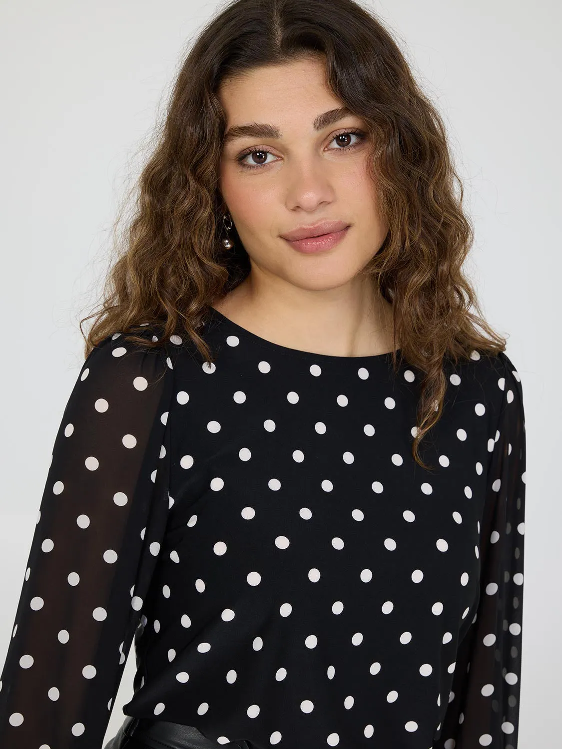 Dot Print Long Chiffon Sleeve Top