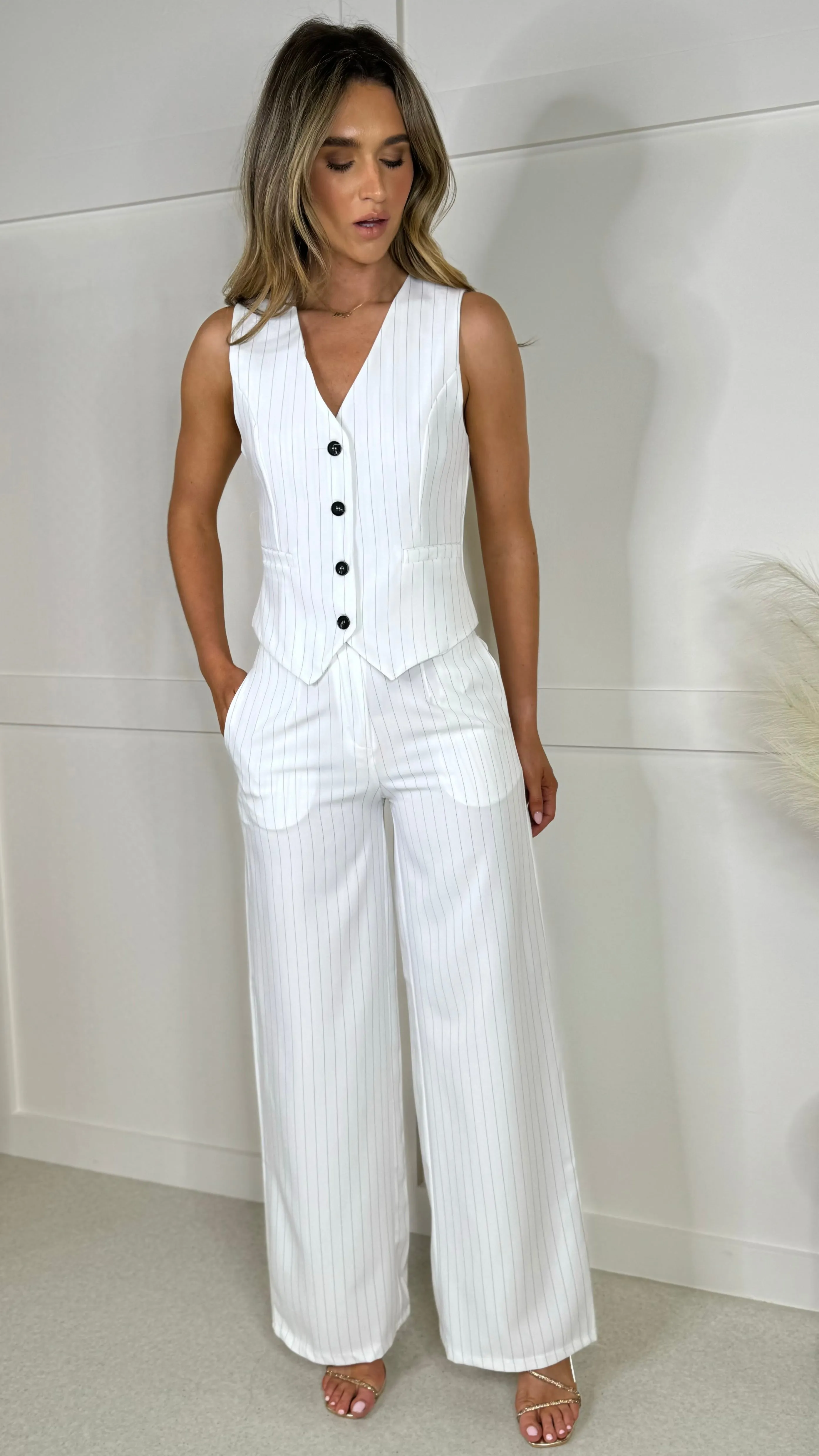 Enya White Pinstripe Waistcoat & Trousers Co Ord