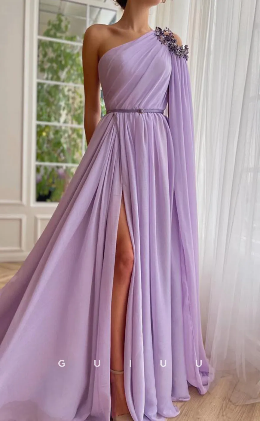 G3045 - Elegant & Luxurious Tulle One Shoulder Beaded Cap Sleeve Formal Prom Dress With Slit