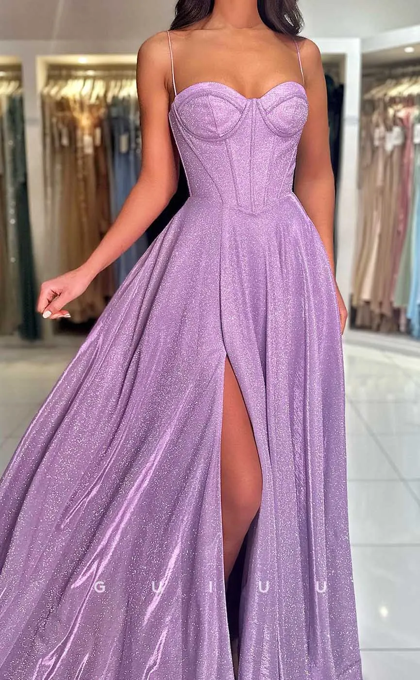 G4506 - Simple & Casual A-Line Strapless Straps Sleeveless High Side Slit Long Prom Evening Dress