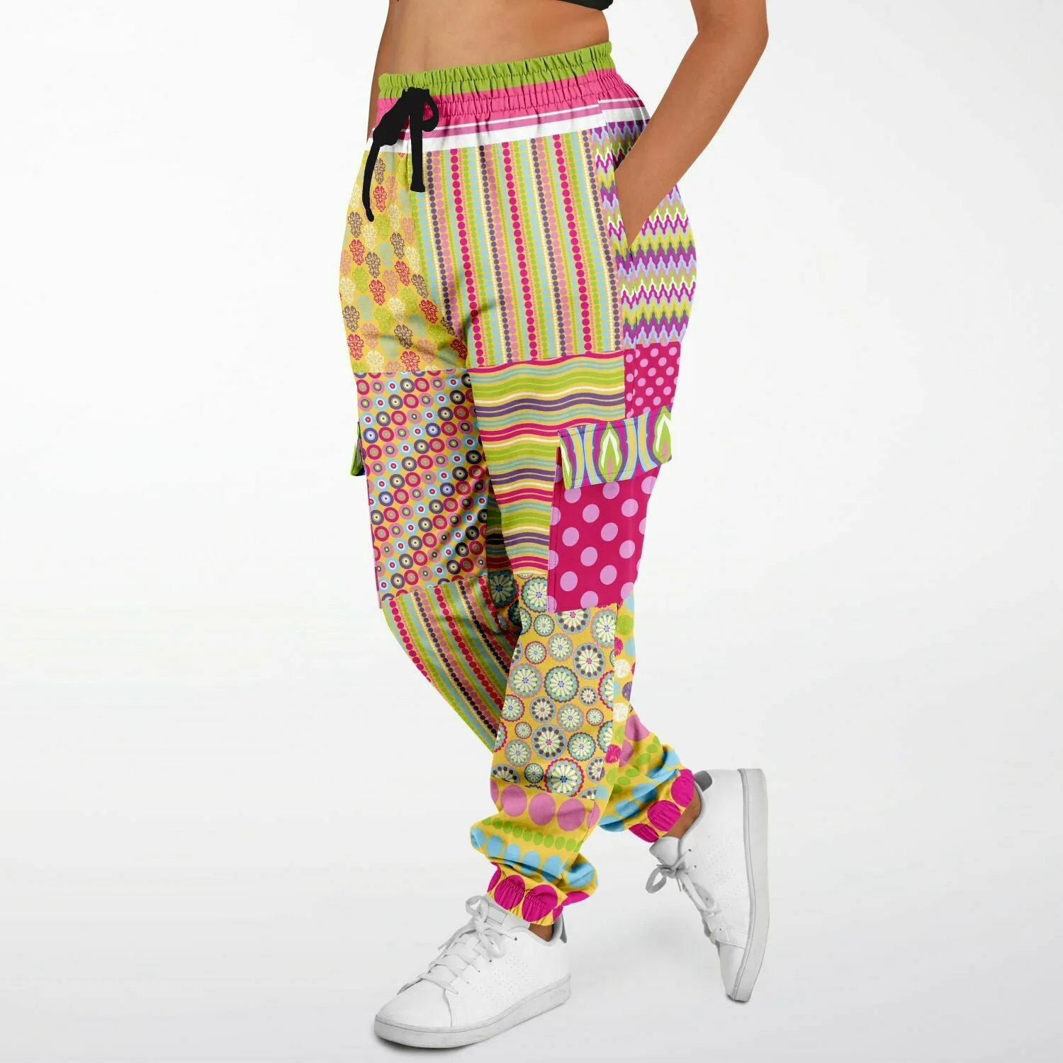 Hello Janis! Green Striped Patchwork Unisex Eco-Poly Cargo Joggers