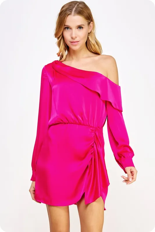 Hot Pink One Shoulder Draped Satin Mini Dress