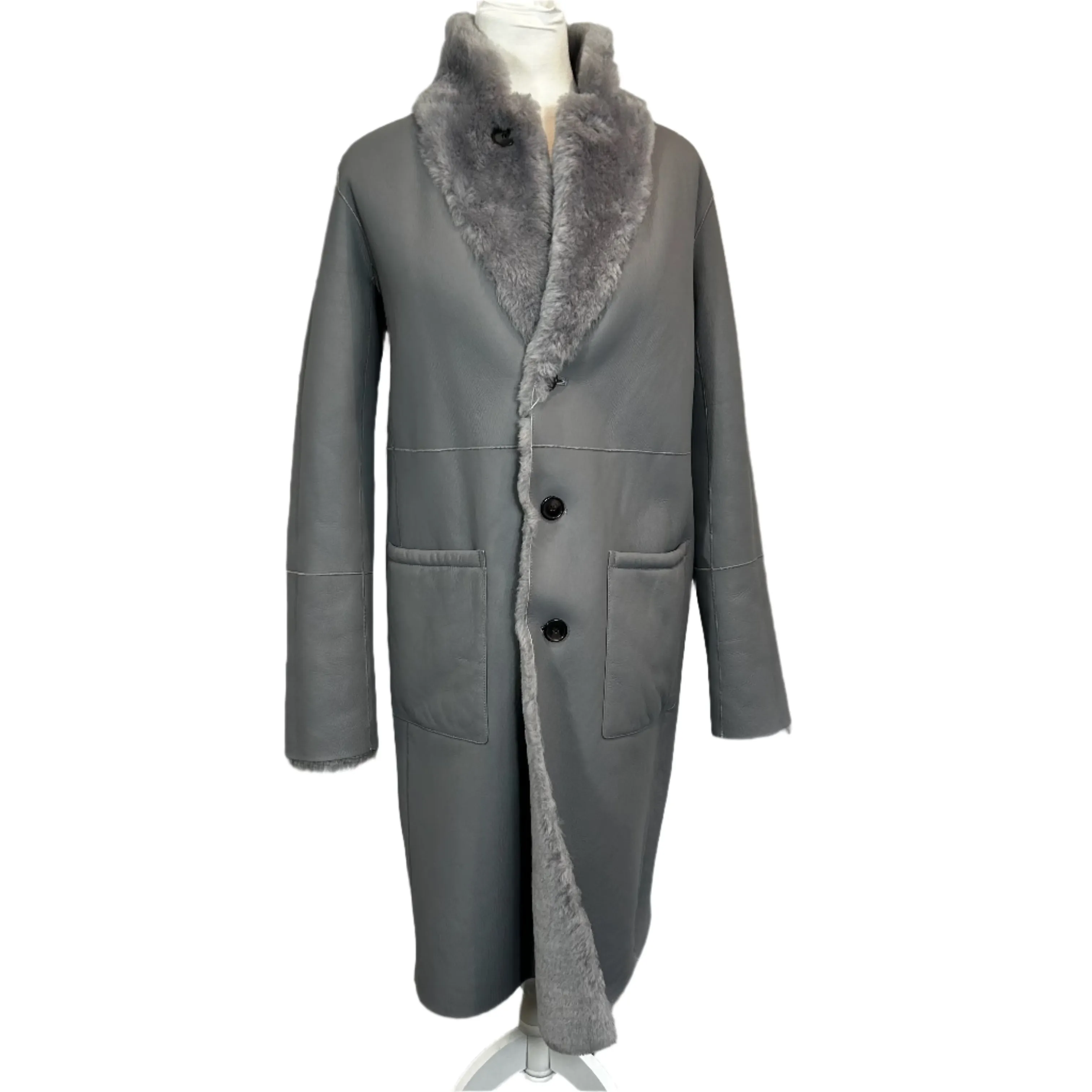 Joseph £1875 Ice Grey Reversible Shearling Brittanny Polar Coat M/L